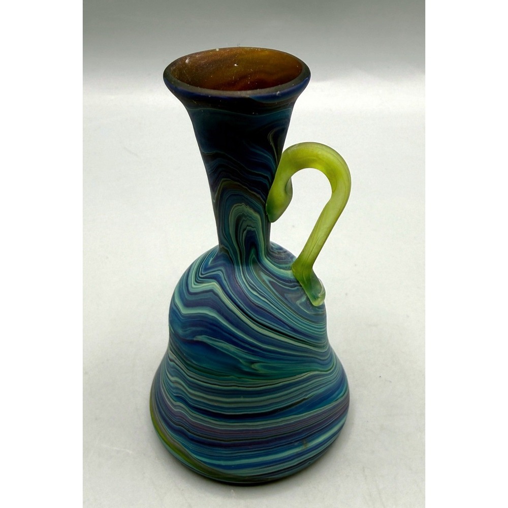 Hebron Handblown Art Glass Pitcher Vase Blue Green Swirl Made in Israel 5.25in